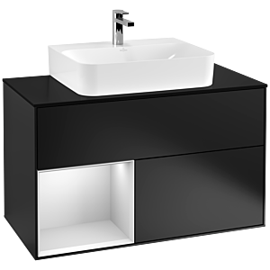 Villeroy et Boch Finion Villeroy et Boch F112MTPD 100cm, plaque de recouvrement blanc mat, étagère gauche laqué blanc mat, laqué noir mat