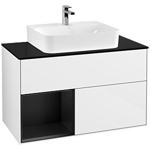 Villeroy et Boch Finion Villeroy et Boch F112PDGF 100cm, plaque de recouvrement blanc mat, étagère gauche laqué noir mat, laqué blanc brillant