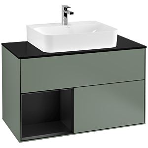 Villeroy und Boch Finion Waschtischunterschrank F112PDGM 100cm, Abdeckplatte white matt, Regal links Black matt lacquer, Olive Matt Lacquer