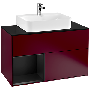 Villeroy und Boch Finion Waschtischunterschrank F112PDHB 100cm, Abdeckplatte Glas Black matt, Regal links Black matt lacquer, Peony Matt