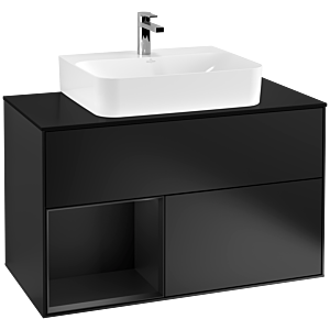 Villeroy et Boch Finion Villeroy et Boch F112PDPD 100cm, plaque de recouvrement blanc mat, étagère gauche laqué noir mat, laqué noir mat