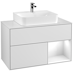 Villeroy et Boch Finion Villeroy et Boch F121GFMT 100cm, plaque de finition blanc mat, étagère à droite laqué blanc brillant, laqué blanc mat