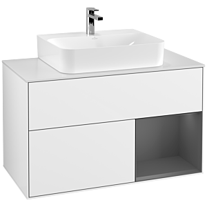 Villeroy und Boch Finion Waschtischunterschrank F121GKGF 100cm, Abdeckplatte weiß matt, Regal rechts Anthracite matt, Glossy white lacquer