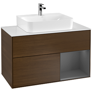 Villeroy und Boch Finion Waschtischunterschrank F121GKGN 100cm, Abdeckplatte weiß matt, Regal rechts Anthracite matt, Walnut veneer