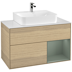 Villeroy et Boch Finion Villeroy et Boch F121GMPC 100cm, plaque de finition blanc mat, étagère à droite Olive Matt Lacquer , Oak Veneer