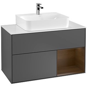 Villeroy und Boch Finion Waschtischunterschrank F121GNGK 100cm, Abdeckplatte weiß matt, Regal rechts Walnut veneer, Anthracite matt