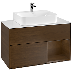 Villeroy et Boch Finion Villeroy et Boch F121GNGN 100cm, plaque de finition blanc mat, étagère à droite placage noyer, placage noyer