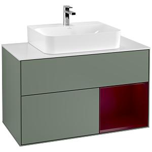 Villeroy et Boch Finion Villeroy et Boch F121HBGM 100cm, plaque de finition blanc mat, étagère à droite Peony , Olive Matt Lacquer