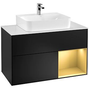 Villeroy und Boch Finion Waschtischunterschrank F121HFPD 100cm, Abdeckplatte weiß matt, Regal rechts Gold matt, Black matt lacquer