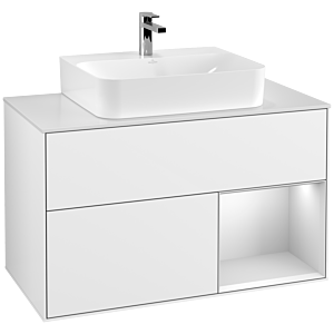Villeroy et Boch Finion Villeroy et Boch F121MTGF 100cm, plaque de recouvrement blanc mat, étagère à droite laqué blanc mat, laqué blanc brillant