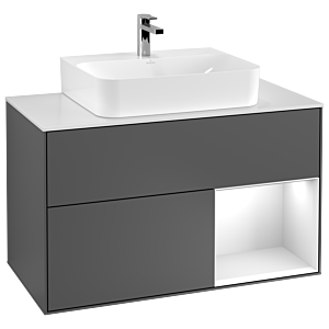 Villeroy et Boch Finion Villeroy et Boch G121MTGK 100cm, plaque de recouvrement blanc mat, Emotion, étagère à droite laqué blanc mat, anthracite mat