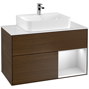 Villeroy et Boch Finion Villeroy et Boch F121MTGN 100cm, plaque de finition blanc mat, étagère à droite laqué blanc mat, placage noyer