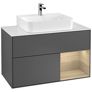 Villeroy und Boch Finion Waschtischunterschrank F121PCGK 100cm, Abdeckplatte weiß matt, Regal rechts Oak Veneer, Anthracite matt