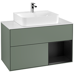 Villeroy und Boch Finion Waschtischunterschrank F121PDGM 100cm, Abdeckplatte weiß matt, Regal rechts Black matt lacquer, Olive Matt Lacquer