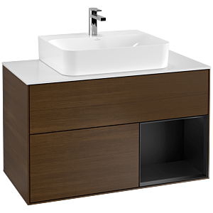 Villeroy et Boch Finion Villeroy et Boch F121PDGN 100cm, plaque de finition blanc mat, étagère à droite laqué noir mat, placage noyer