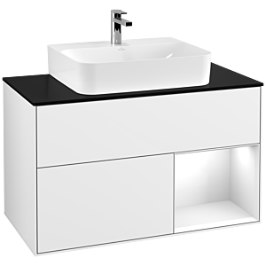 Villeroy und Boch Finion Waschtischunterschrank F122GFGF 100cm, Abdeckplatte black matt, Regal rechts Glossy white lacquer, Glossy white lacquer