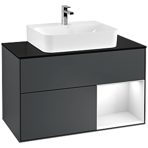 Villeroy und Boch Finion Waschtischunterschrank F122GFHG 100cm, Abdeckplatte black matt, Regal rechts Glossy white lacquer, Midnight Blue Matt Lacquer