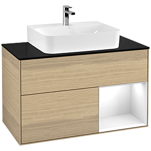 Villeroy et Boch Finion Villeroy et Boch F122GFPC 100cm, plaque de finition noir mat, étagère à droite Laque blanc brillant, Oak Veneer