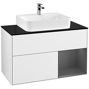 Villeroy und Boch Finion Waschtischunterschrank F122GKGF 100cm, Abdeckplatte black matt, Regal rechts Anthracite matt, Glossy white lacquer