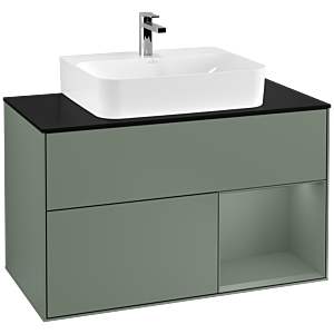 Villeroy und Boch Finion Waschtischunterschrank F122GMGM 100cm, Abdeckplatte black matt, Regal rechts Olive Matt Lacquer, Olive Matt Lacquer