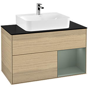 Villeroy et Boch Finion Villeroy et Boch F122GMPC 100cm, plaque de finition noir mat, étagère à droite Olive Matt Lacquer , Oak Veneer
