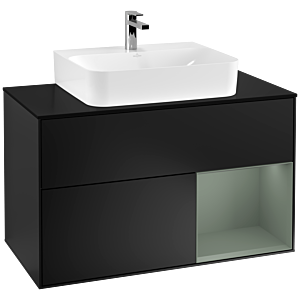 Villeroy und Boch Finion Waschtischunterschrank F122GMPD 100cm, Abdeckplatte black matt, Regal rechts Olive Matt Lacquer, Black matt lacquer