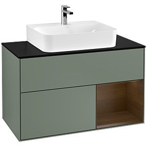 Villeroy und Boch Finion Waschtischunterschrank F122GNGM 100cm, Abdeckplatte black matt, Regal rechts Walnut veneer, Olive Matt Lacquer