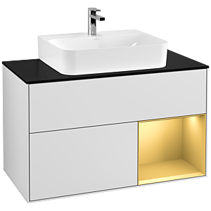 Villeroy et Boch Finion Villeroy et Boch F122HFMT 100cm, plaque de finition noir mat, étagère droite or mat, laqué blanc mat