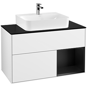 Villeroy et Boch Finion Villeroy et Boch F122PDGF 100cm, plaque de finition noir mat, étagère à droite laqué noir mat, laqué blanc brillant