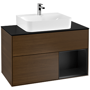 Villeroy et Boch Finion Villeroy et Boch F122PDGN 100cm, plaque de finition noir mat, étagère à droite laqué noir mat, placage noyer