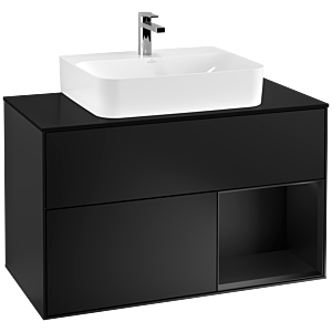 Villeroy et Boch Finion Villeroy et Boch F122PDPD 100cm, plaque de recouvrement noir mat, étagère à droite laqué noir mat, laqué noir mat