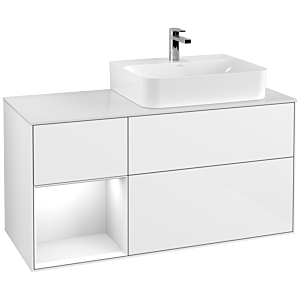 Villeroy et Boch Finion Villeroy et Boch F141GFGF 120cm, couvercle en verre blanc mat, étagère à gauche laqué blanc brillant, laqué blanc brillant