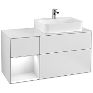 Villeroy et Boch Finion Villeroy et Boch F141GFMT 120cm, plaque de recouvrement verre blanc mat, étagère gauche laqué blanc brillant, laqué blanc mat