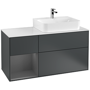 Villeroy und Boch Finion Waschtischunterschrank F141GKHG 120cm, Abdeckplatte glass white Matt, Regal links Anthracite matt, Midnight Blue Matt Lacquer