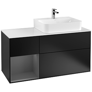 Villeroy und Boch Finion Waschtischunterschrank F141GKPD 120cm, Abdeckplatte glass white Matt, Regal links Anthracite matt, Black matt lacquer