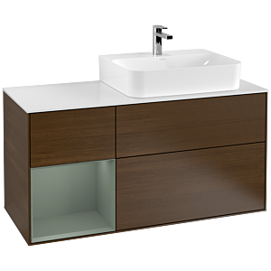 Villeroy und Boch Finion Waschtischunterschrank F141GMGN 120cm, Abdeckplatte glass white Matt, Regal links Olive Matt Lacquer, Walnut veneer