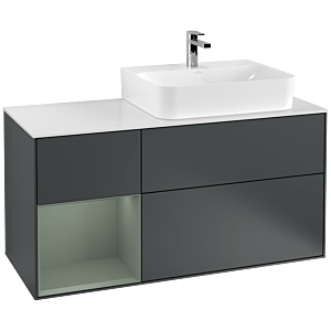 Villeroy und Boch Finion Waschtischunterschrank F141GMHG 120cm, Abdeckplatte glass white Matt, Regal links Olive Matt Lacquer, Midnight Blue Matt Lacquer