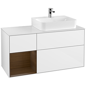 Villeroy und Boch Finion Waschtischunterschrank F141GNGF 120cm, Abdeckplatte glass white Matt, Regal links Walnut veneer, Glossy white lacquer