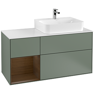 Villeroy und Boch Finion Waschtischunterschrank F141GNGM 120cm, Abdeckplatte glass white Matt, Regal links Walnut veneer, Olive Matt Lacquer