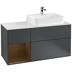 Villeroy und Boch Finion Waschtischunterschrank F141GNHG 120cm, Abdeckplatte glass white Matt, Regal links Walnut veneer, Midnight Blue Matt Lacquer