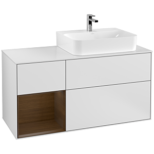 Villeroy und Boch Finion Waschtischunterschrank F141GNMT 120cm, Abdeckplatte glass white Matt, Regal links Walnut veneer, White matt lacquer