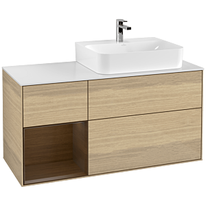 Villeroy und Boch Finion Waschtischunterschrank F141GNPC 120cm, Abdeckplatte glass white Matt, Regal links Walnut veneer, Oak Veneer