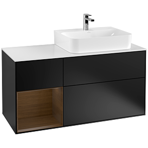 Villeroy et Boch Finion Villeroy et Boch F141GNPD 120cm, plaque de recouvrement verre blanc mat, étagère gauche placage noyer, laqué noir mat