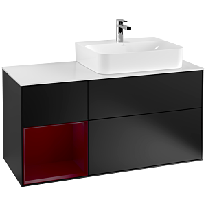 Villeroy und Boch Finion Waschtischunterschrank F141HBPD 120cm, Abdeckplatte glass white Matt, Regal links Peony, Black matt lacquer