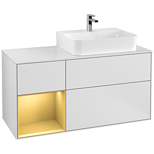 Villeroy et Boch Finion Villeroy et Boch F141HFMT 120cm, plaque de recouvrement verre blanc mat, étagère gauche or mat, laqué blanc mat