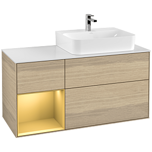 Villeroy und Boch Finion Waschtischunterschrank F141HFPC 120cm, Abdeckplatte glass white Matt, Regal links Gold matt, Oak Veneer