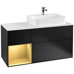 Villeroy und Boch Finion Waschtischunterschrank F141HFPD 120cm, Abdeckplatte glass white Matt, Regal links Gold matt, Black matt lacquer