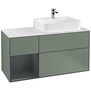 Villeroy et Boch Finion Villeroy et Boch F141HGGM 120cm, plaque de recouvrement verre blanc mat, étagère gauche Midnight Blue Matt Lacquer , Olive Matt Lacquer