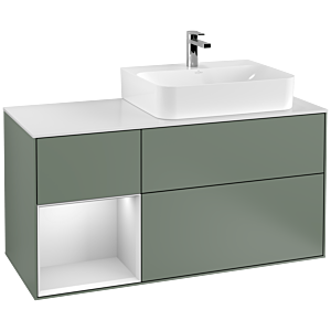 Villeroy und Boch Finion Waschtischunterschrank F141MTGM 120cm, Abdeckplatte glass white Matt, Regal links White matt lacquer, Olive Matt Lacquer