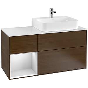 Villeroy und Boch Finion Waschtischunterschrank F141MTGN 120cm, Abdeckplatte glass white Matt, Regal links White matt lacquer, Walnut veneer